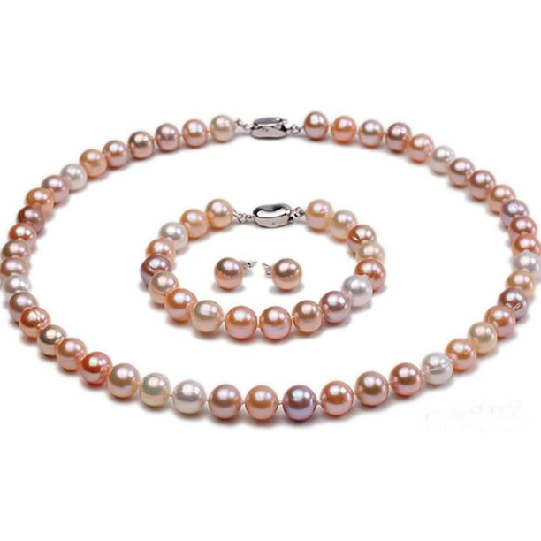 JYX 9-10mm Round Freshwater Pearl Necklace and Bracelet Set 
